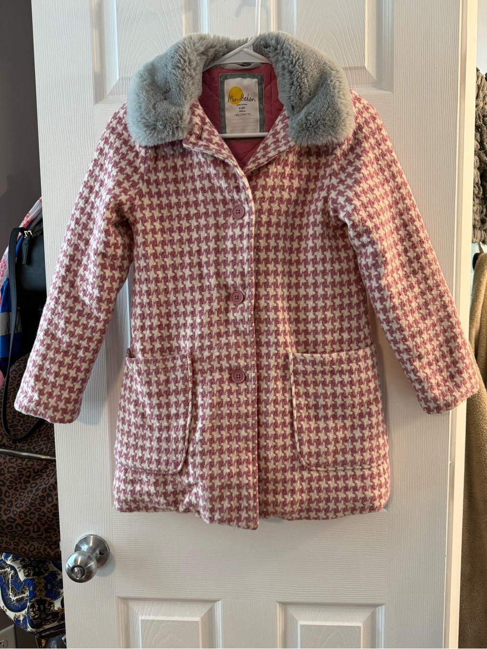 Mini Boden Girls Pink Houndstooth Coat with Faux Fur Collar Size 9/10Y